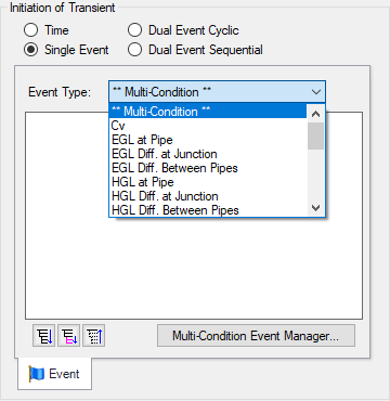 The multi condition event type is selected from the Event Type dropdown menu under the single event Initiation of Transient option.